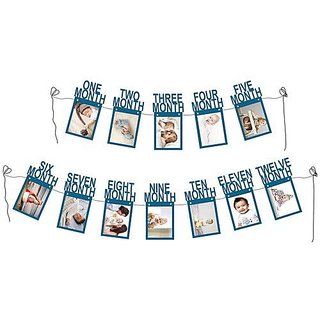                       Hippity Hop 1 to 12 Month Photo Banner for First Birthday Baby and baby shower Front Side Space (Blue Pack of 1)                                              