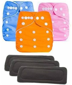 Reusable Solid Pocket Cloth Diapers With Microfiber Inserts Pack of 3 (Multicolor)