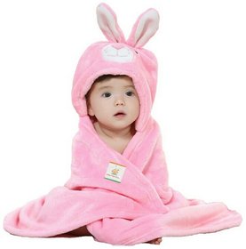 Single Newborn 3-in-1 Rabbit Wrapper Baby Bath Towel (Pink),Pack of 1 Piece set, 31x31 Inch(0-6 month)