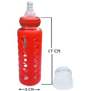 UNBREAKABLE Glass Feeding Bottle With Silicone Warmer Cover For Baby Girls And Baby Boys - 240 ml