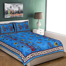 FrionKandy Cotton Turquoise Floral Double Bed Sheet With 2 Pillow Covers (SHKAP1140)