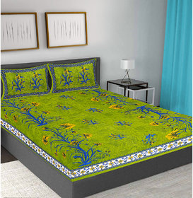 FrionKandy Cotton Green Floral Double Bed Sheet With 2 Pillow Covers (SHKAP1160)