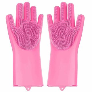 Reusable Silicone Cleaning Brush Scrubber Gloves (Multicolor)