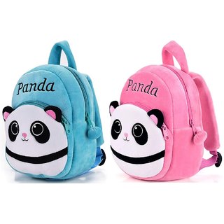 Panda Kitty Cartoon Plush Soft School Bag for Kids (Blue and Pink, 3 to 5 Year)