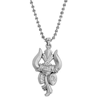                       M Men Style Lord Shiv Engraved Trishul Damru Shiv Symbols Silver  Stainless Steel   Pendant Necklace chain For Unisex                                              