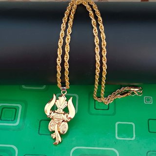                       ShivJagdamba Lord Shiv Engraved Trishul Damru Shiv Symbols Gold Brass Stainless Steel Pendant Necklace chain For Unisex                                              
