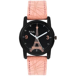                       Relish Black Case Pink Leather Strap Eiffel Tower Black Dial Analog Display Quartz Watch Girls, Women  RE-L064PT                                              
