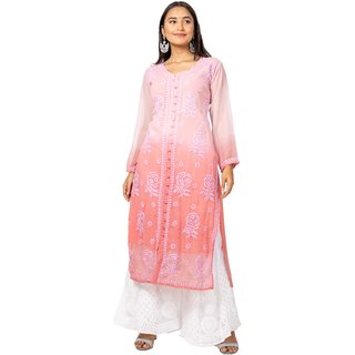                       Trendy Georgette Front Open Double Shaded Kurta With Exclusive Lucknowi Chikankari For Women                                              