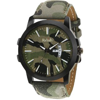                       Relish Green Army Camouflage Dial Day and Date Wrist Watch for Boys and Mens (RE-GA968DD)                                              