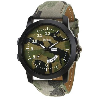                       Relish Green Army Camouflage Dial Day and Date Wrist Watch for Boys and Mens (RE-GA970DD)                                              