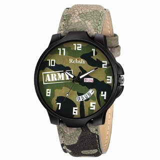                       Relish Green Army Camouflage Dial Day and Date Wrist Watch for Boys and Mens (RE-GA994DD)                                              