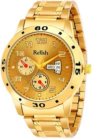 Relish Day and Date GoldenStainless Steel Strap Analog Watch For Men's and Boy's, RE-BB1013DD (Golden Dail,Golden Chain)