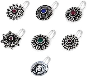 Beautiful Classic Designs 6 Pcs Combo Silver Oxidized Finishing Without Piercing Nose Pins for Women  Girls