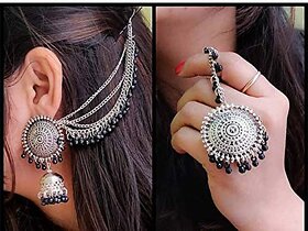 Silver Jewellry Oxidised Black Maang Tikka With Earring for Women  Girls