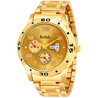                       Relish Day and Date GoldenStainless Steel Strap Analog Watch For Men's and Boy's, RE-BB1013DD (Golden Dail,Golden Chain)                                              