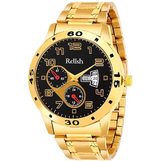                       Relish Day and Date GoldenStainless Steel Strap Analog Watch For Men's and Boy's, RE-BB1014DD (Golden Dail,Golden Chain)                                              