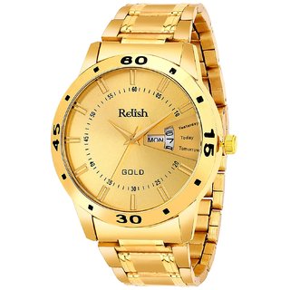                       Relish Day and Date GoldenStainless Steel Strap Analog Watch For Men's and Boy's, RE-BB1029DD (Golden Dail,Golden Chain)                                              