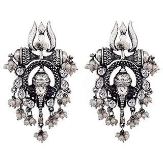 Celebrity Inspired Oxidised Silver Trishul Ganesh Stud Earring For Women and Girls