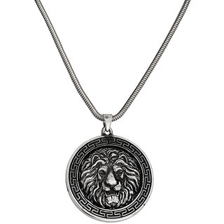                       M Men Style  Modern Oxdised Silver King Lion Head Pendant Necklace Chain Silver Stainless Steel Locket For Unisex                                              
