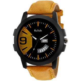                       Relish Analouge Dial, Day and Date Wrist Watch for Boys and Mens Tan Strap Watch Gift For Brother (RE-BB936DD)                                              