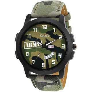                       Relish Green Army Camouflage Dial Day and Date Wrist Watch for Boys and Mens (RE-GA943DD)                                              