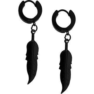                       M Men Style Feather Dangle Link Chain Drop Accessory Black Stainless Steel Dangle Surgical Hoop Earrings For Unisex                                              
