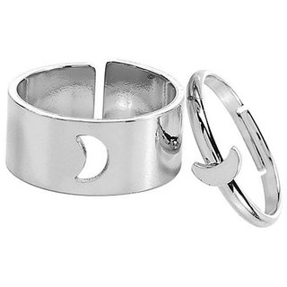                      M Men StyleUnique Design Silver Plated Fancy Moon Stainless Steel Couple Finger Adjustable Ring Set For Unisex                                              