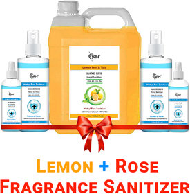 Lemon + Rose Fragrance Sanitizer 5 Litre + 2 x 500mL + 2 x 100mL Instant Kills 99.9 Germs, Virus Bacteria