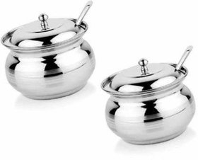 Stainless Steel Ghee Pot Set with Spoon - Silver Touch Finish, Set of 2 pcs