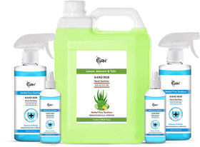 5 Litre Aloevera Sanitizer Can + 500mLx2 with Gun Spray + 100Mlx2 Mist Spray Bottle Rose Fragrance Hand Rub Sanitizer