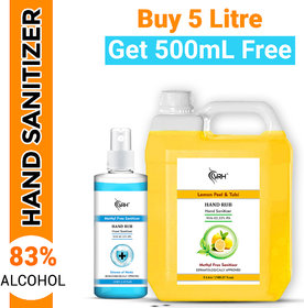 5 Litre Lemon + 500mL + 100mL Sanitizer Non Stick Disinfectant Liquid Sanitizer Instant Kills 99.99 Percentage Germs