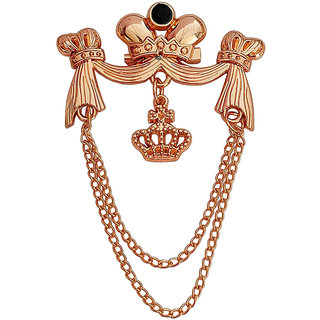                       M Men Style Black Rhinestone King's Crown Tessel Lapel Pin Hanging Double Chain Rose Gold Brass Brooch For Men And Boys                                              