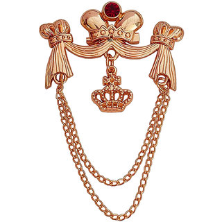                       M Men Style Red Rhinestone King's Crown Tessel Lapel Pin Hanging Double Chain Rose Gold Brass Brooch For Men And Boys                                              