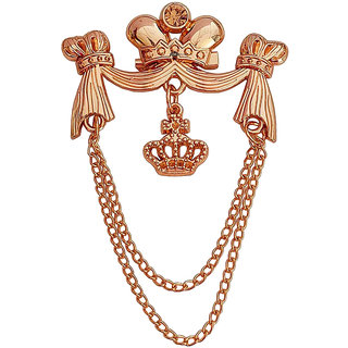                       M Men Style Yellow Rhinestone King's Crown  Lapel Pin Hanging Double Chain Rose Gold Brass Brooch For Men And Boys                                              