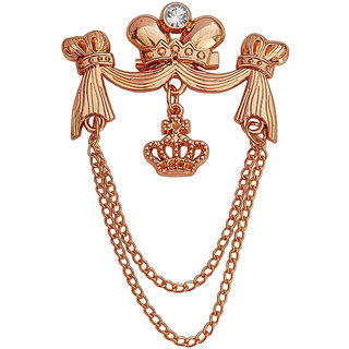                       M Men Style White Rhinestone King's Crown Tessel Lapel Pin Hanging Double Chain Rose Gold Brass Brooch For Men And Boys                                              