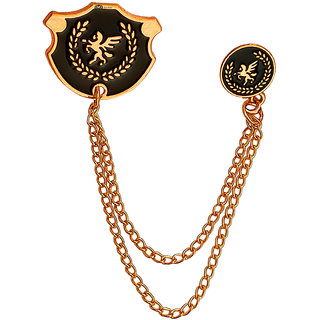                       M Men Style  Luxury Lapel Pin Golden Horse Label Pin With Hanging Double Chain Jewelry Brass  Brooch For Men And Boys                                              