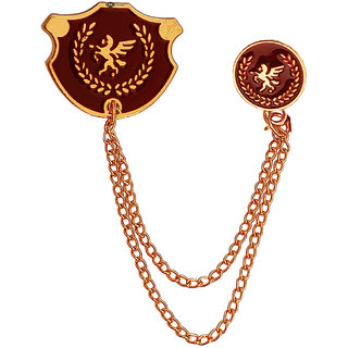                       M Men Style  Golden Horse Label Pin With Hanging Double Chain Jewelry  Maroon Brass  Brooch For Men And Boys                                              