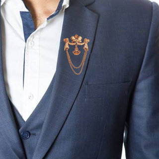                       ShivJagdamba Yellow Rhinestone King's Crown  Lapel Pin Hanging Double Chain Rose Gold Brass Brooch For Men And Boys                                              