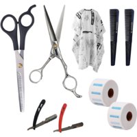 Doberyl All-in-one Professional Hair Styling 9pcs Kit at Home. Scissors for Hair Thinning, Silver Hair cutting shears, S