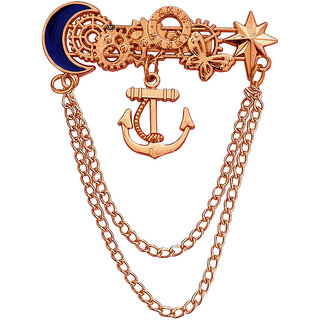                       M Men Style Men's Anchor Wheel Nautical Lapel Pin Badge Hanging Chains Gold And Blue  Brass Brooch For Men And Boys                                              