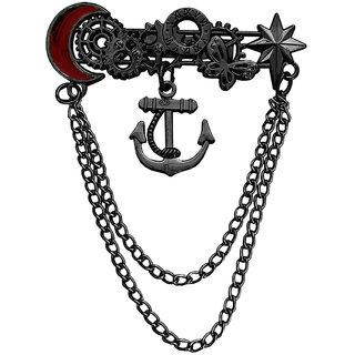                       M Men Style Men's Anchor Wheel Nautical Lapel Pin Badge Hanging Chains Black And Red  Brass Brooch For Men And Boys                                              