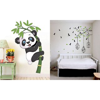                       EJA ART Set of 2 Wall Sticker Baby Panda and Flying Bird with Cage Wall Sticker                                              