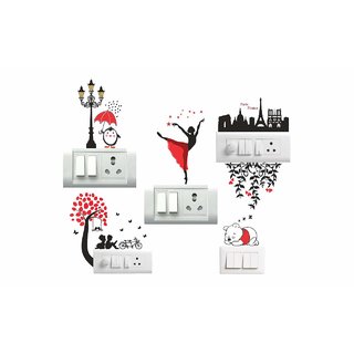                       Self Adhesive Switch Board Sticker, Dancing Lady, Couple, Bear, Paris Love Sticker for Home Switch Boards - 6 Pieces                                              