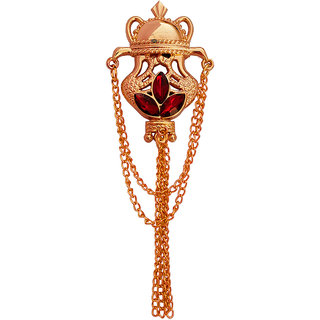                       M Men Style King Crown Golden Maroon Rhinstone Brass Label Pin With Hanging Double Chain Jewelry Brooch For Men And Boy                                              