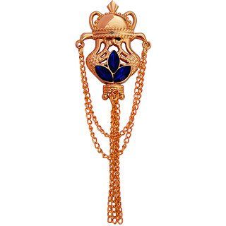                       M Men Style King Crown Golden Blue Rhinstone Brass Label Pin With Hanging Double Chain Jewelry Brooch For Men And Boy                                              