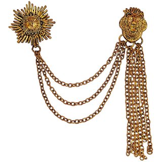                       M Men Style Antique Gold Brass Fashion Suit Pins Lion Head Tassels Multi-Layered Chain Lapel Pin BroochFor Men And Boys                                              
