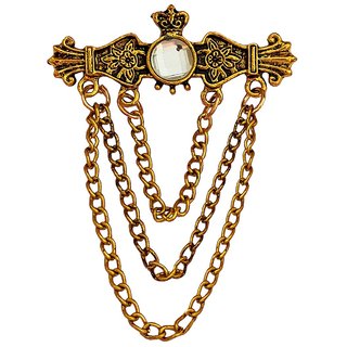                       M Men Style Stylish Crown Partywear Sherwani Gold White Brass Label Pin With Hanging Chains BroochFor Men And Boys                                              