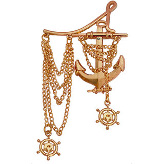                       M Men Style Vintage Design Ship Two Wheel Anchor Nautical Ship Tassled Chain With Brooch Gold Brass For Men And Boys                                              