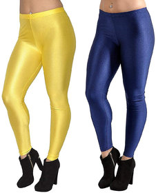 HOMESHOP Shiny lycra leggings for women and girls (Pack of 2) Yellow NavyBlue