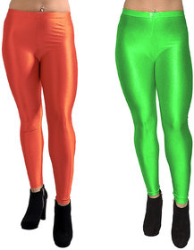 HOMESHOP Shiny lycra leggings for women and girls (Pack of 2) Parrot Green Orange